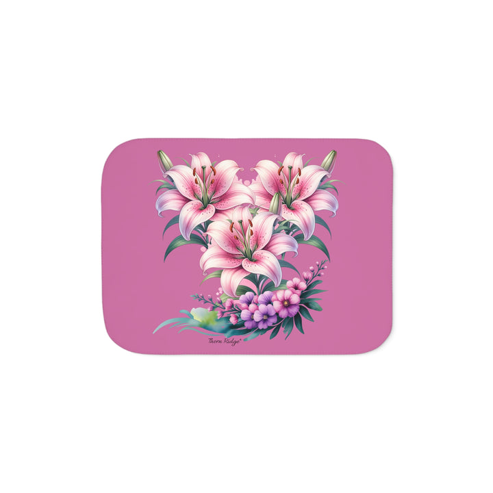 Three Lillies illustraton in pink on a pink sherpa blanket by Thorn Ridge®