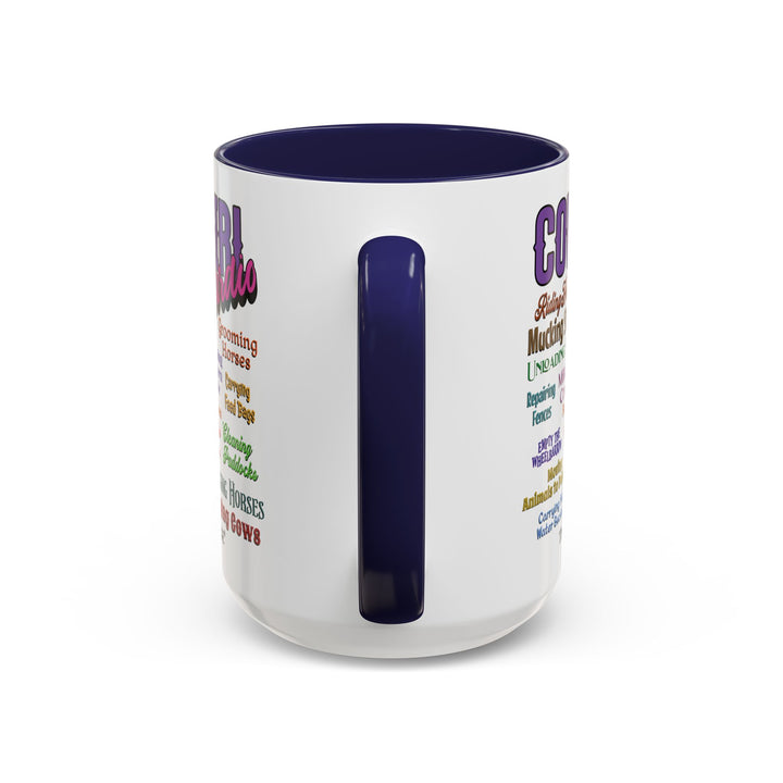 Mug with 'Cowgirl Cardio' text and blue handle on a white background