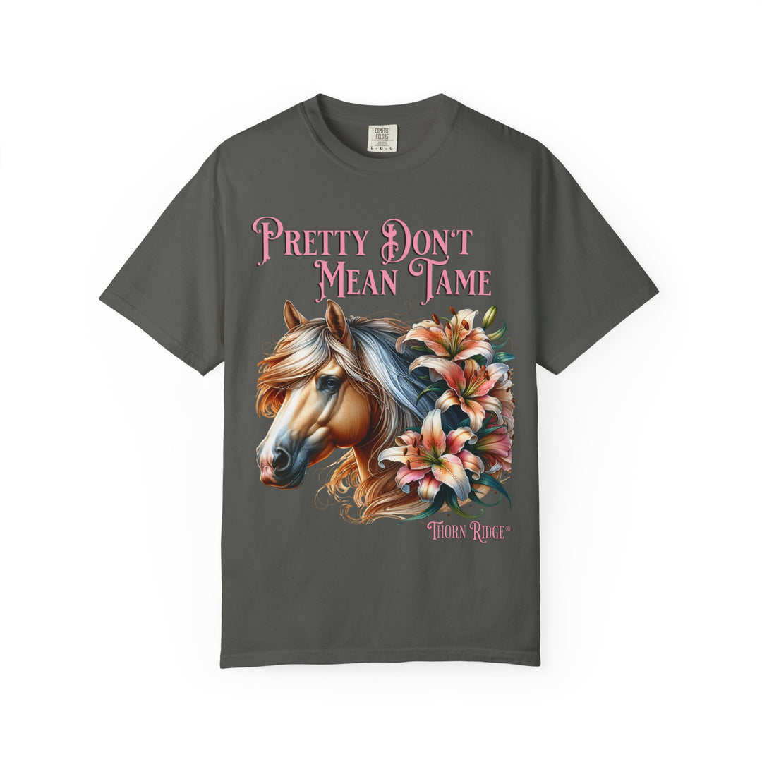 Pretty Don't Mean Tame graphic tee with a horse head and flowers branded to Thorn Ridge®
