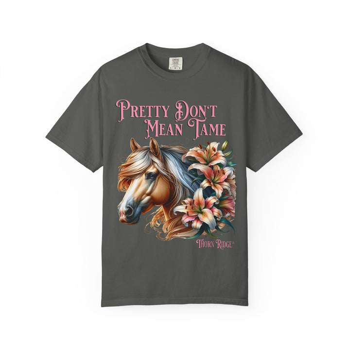 Pretty Don't Mean Tame graphic tee with a horse head and flowers branded to Thorn Ridge®