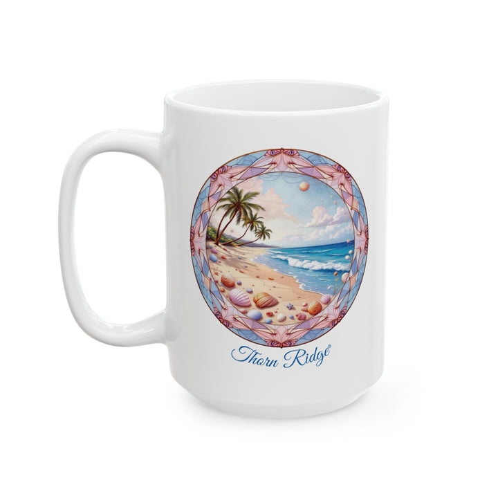 White mug with a beach scene design and 'Thorn Ridge' branding on a white background