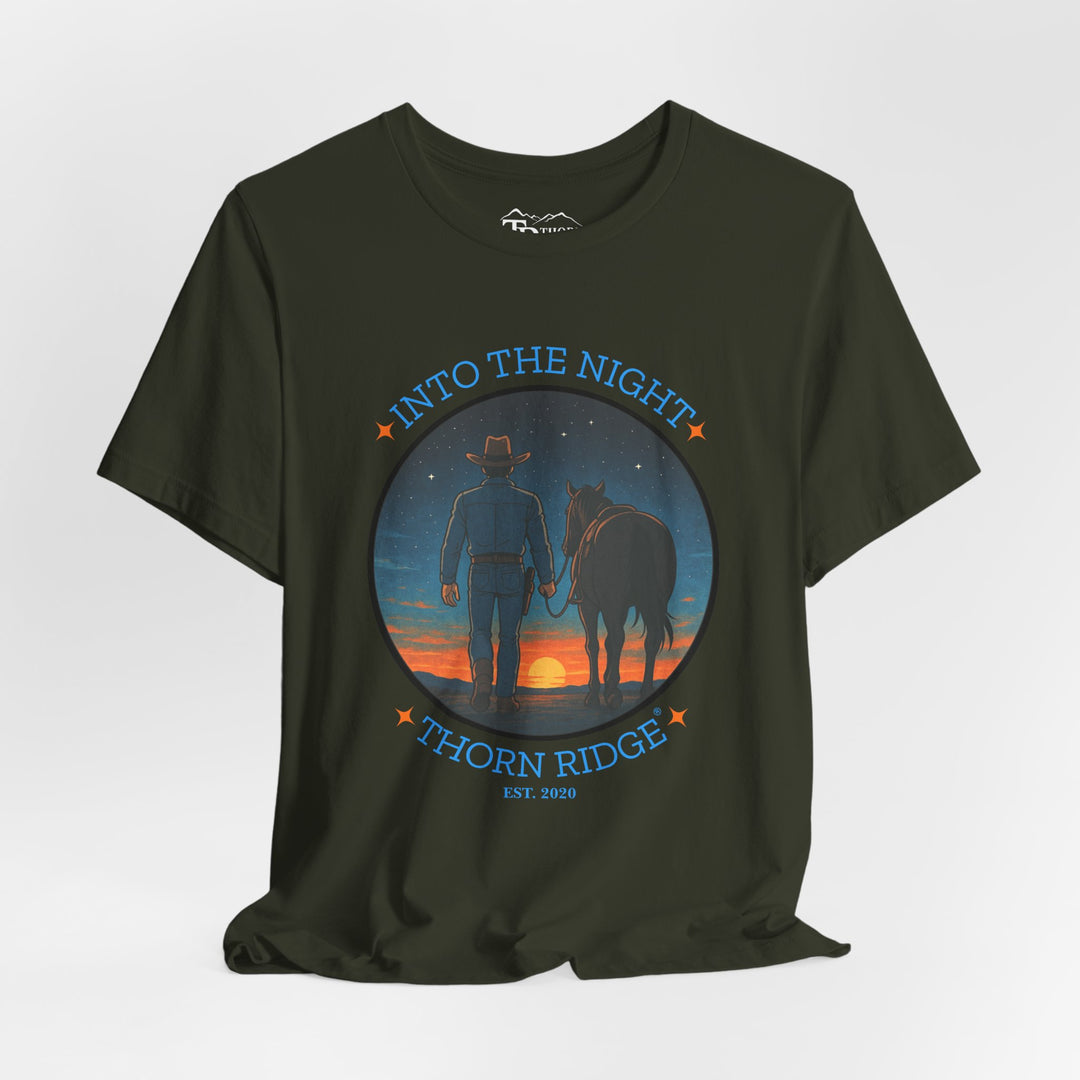 t-shirt with 'Into the Night' and 'Thorn Ridge' graphic design of a cowboy leading his horse into the setting sun as night is falling.