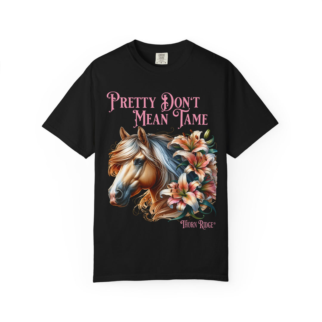 Pretty Don't Mean Tame graphic tee with a horse head and flowers branded to Thorn Ridge®