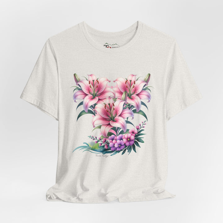 t-shirt with pink floral design of three lillies branded to Thorn Ridge®