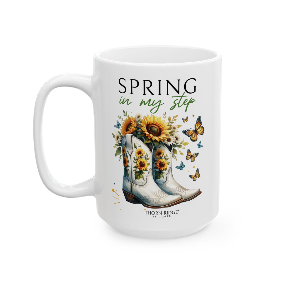 White mug with floral design and 'Spring in my step' by Thorn Ridge®