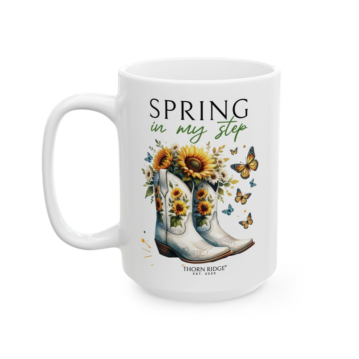 White mug with floral design and 'Spring in my step' by Thorn Ridge®