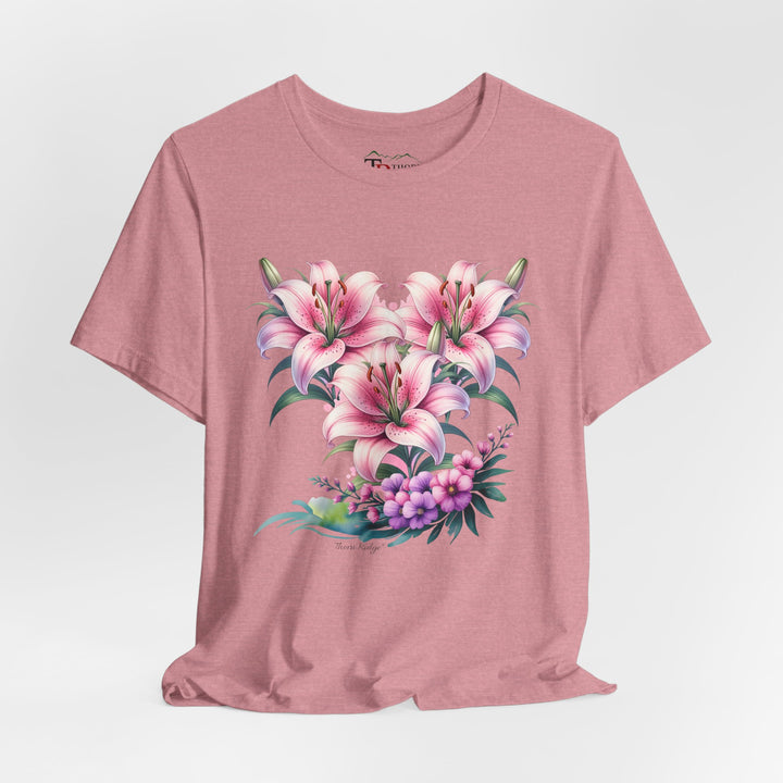 t-shirt with pink floral design of three lillies branded to Thorn Ridge®