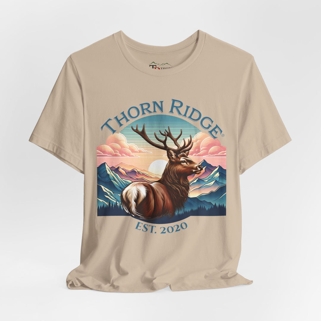 Guardian Buck Tee of a white tailed buck looking out across the mountains labeled Thorn Ridge®