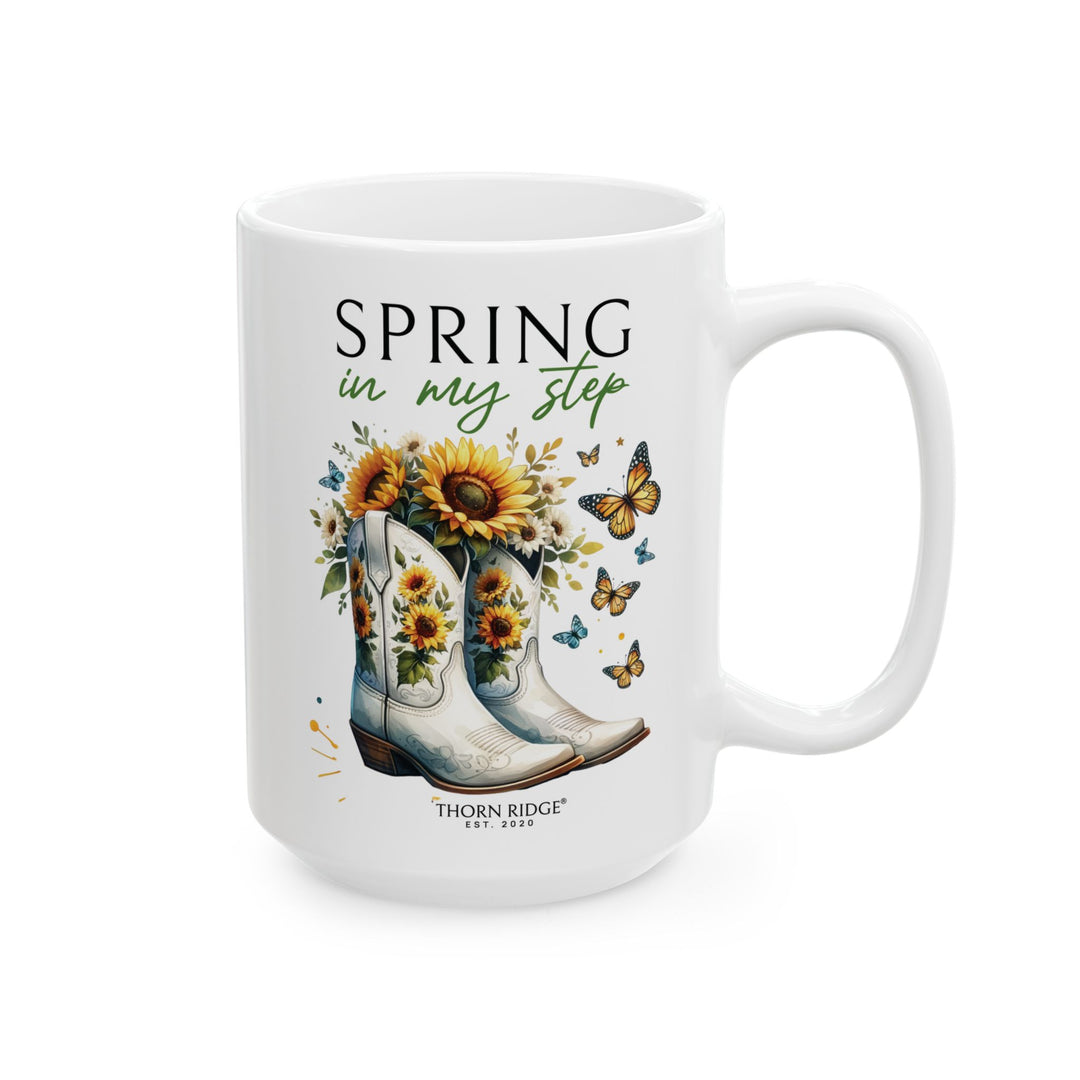 White mug with floral design and 'Spring in my step' by Thorn Ridge®