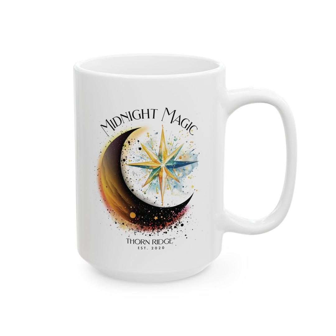 White mug with 'Midnight Magic' by Thorn Ridge® design featuring a moon and star