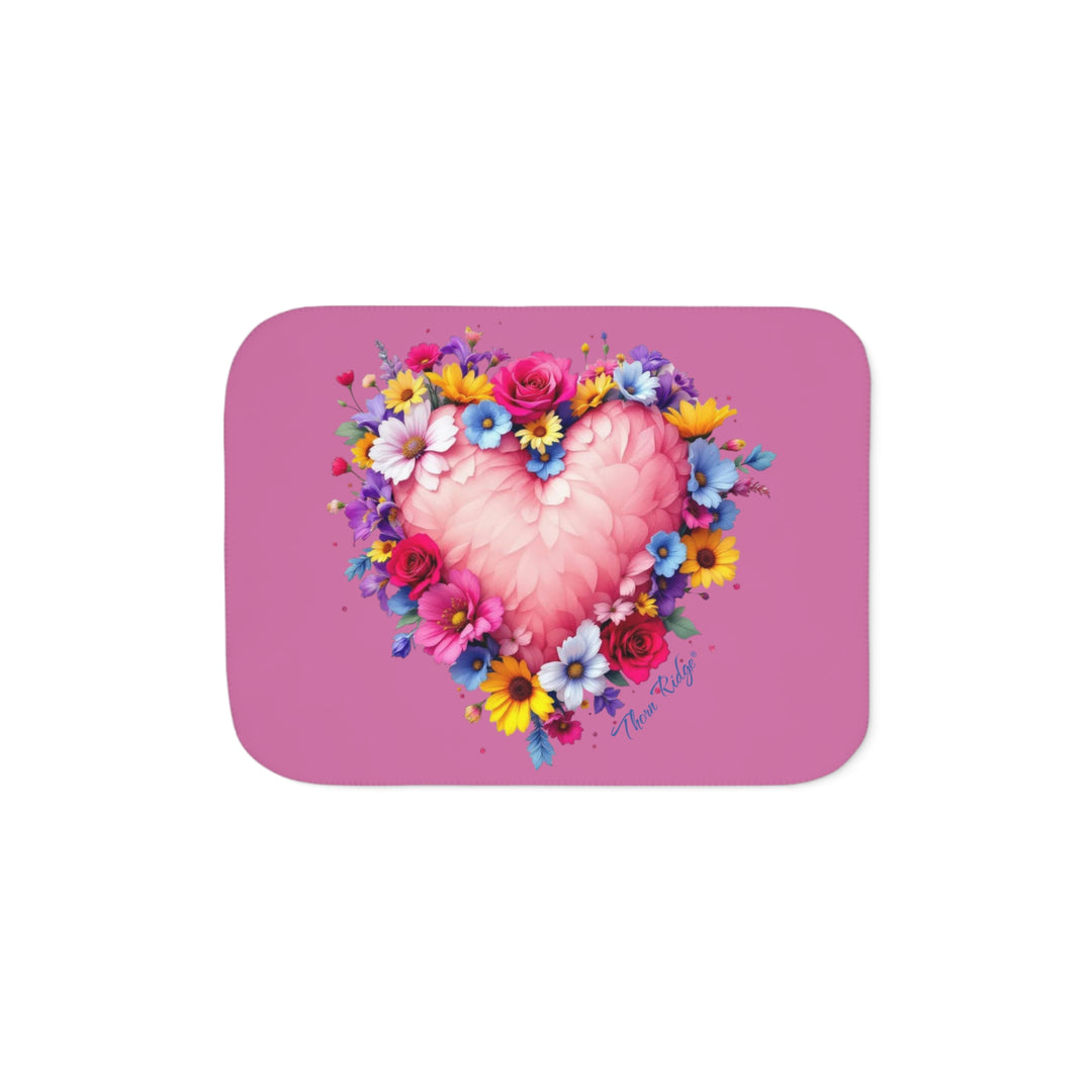 Feathers & Flowers Heart Sherpa Blanket in pinks with a feather heart surrounded by flowers by Thorn Ridge®