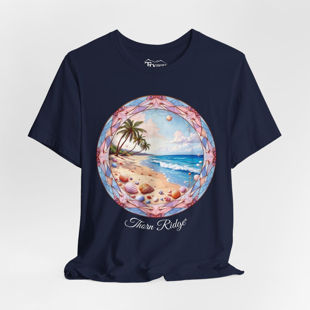 t-shirt with a beach scene graphic and 'Thorn Ridge' branding 