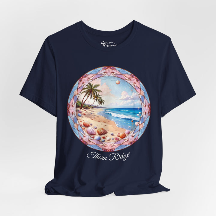 t-shirt with a beach scene graphic and 'Thorn Ridge' branding 