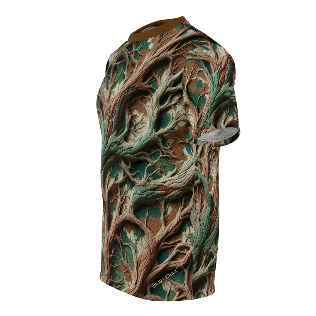 camo inspired colored T-shirt with intricate root pattern labeled Thorn Ridge®