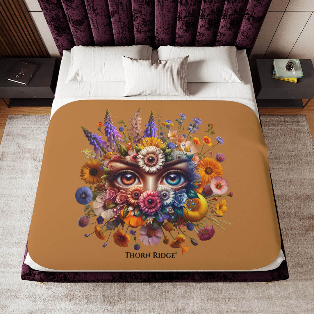 Colorful floral design with eyes on a brown background, featuring the brand 'Thorn Ridge'.