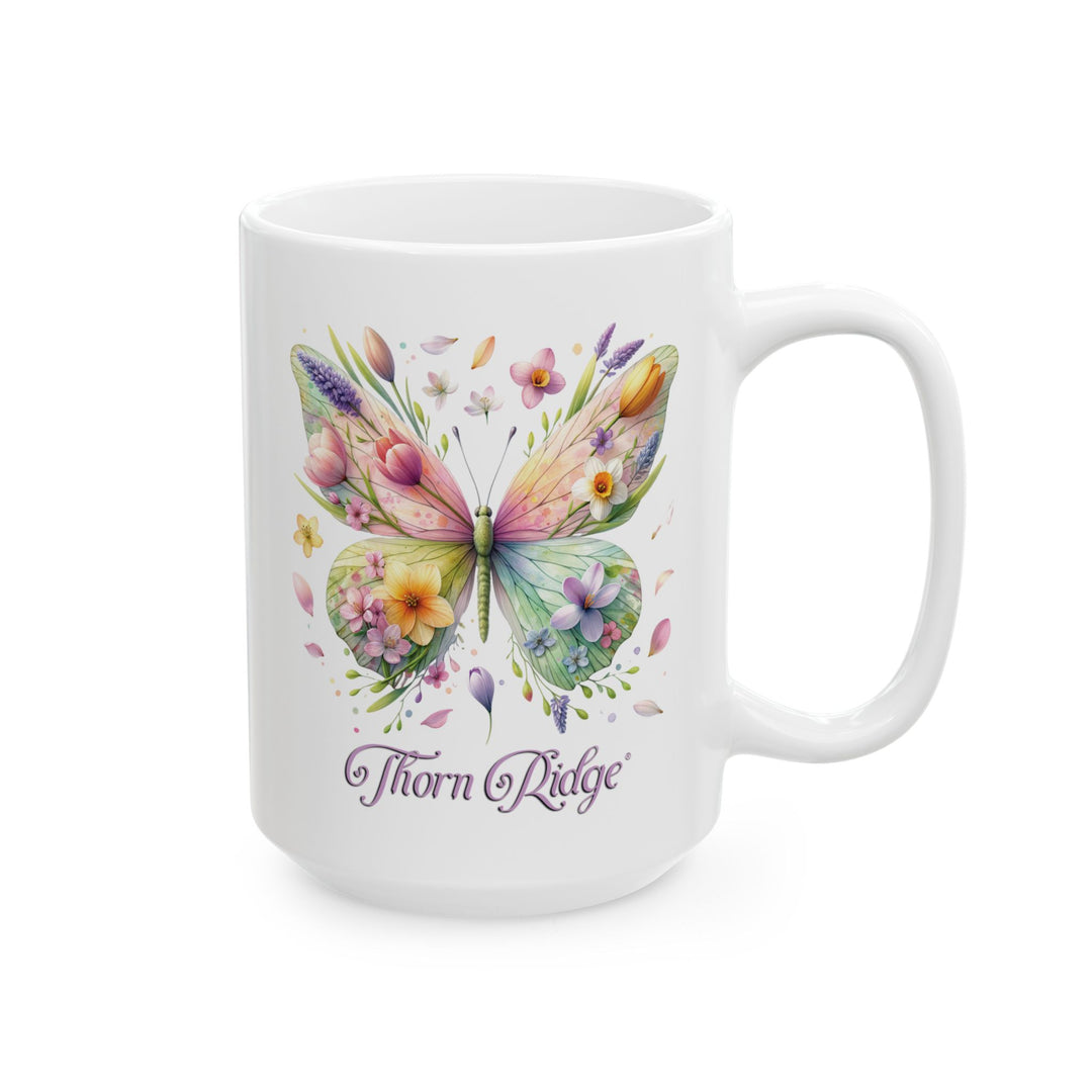 White mug with a colorful butterfly and floral design by Thorn Ridge®