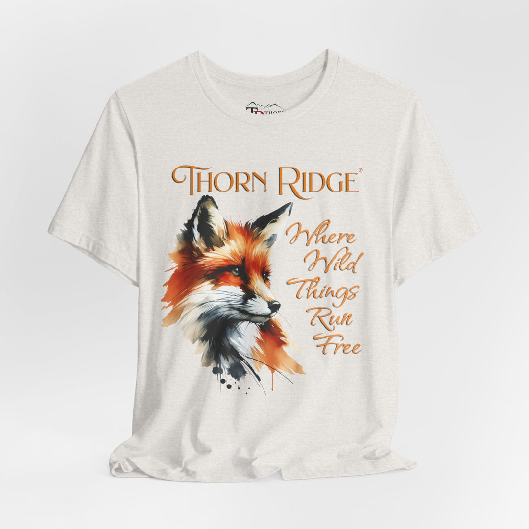 Where Wild Thing Run Free graphic tee with a fox labeled Thorn Ridge®