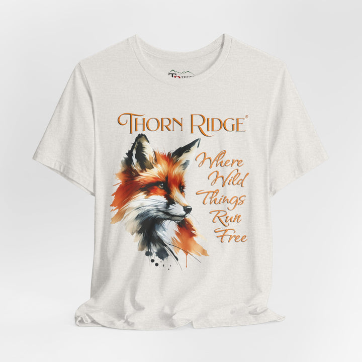 Where Wild Thing Run Free graphic tee with a fox labeled Thorn Ridge®