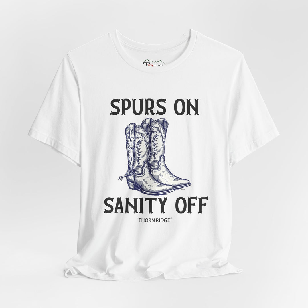 spurs on sanity off graphic tee with cowboy boots labeled Thorn Ridge®