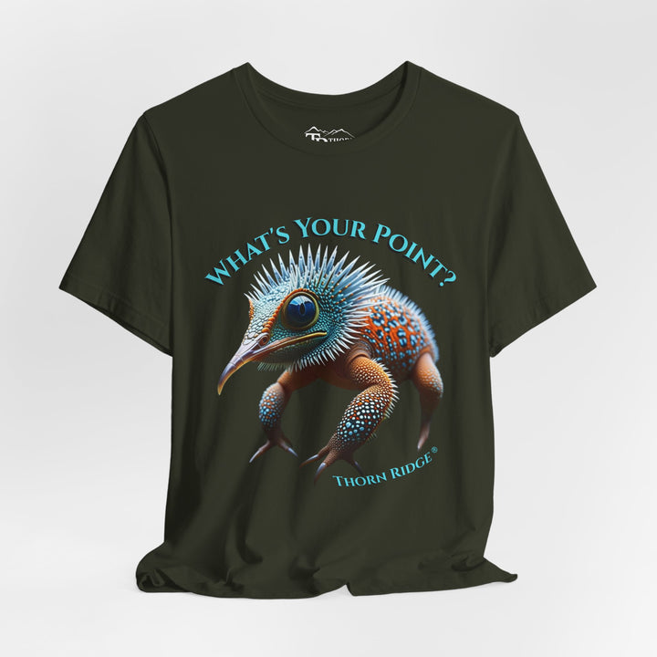 t-shirt with a unique creature graphic and text 'What's Your Point?' labeled Thorn Ridge®