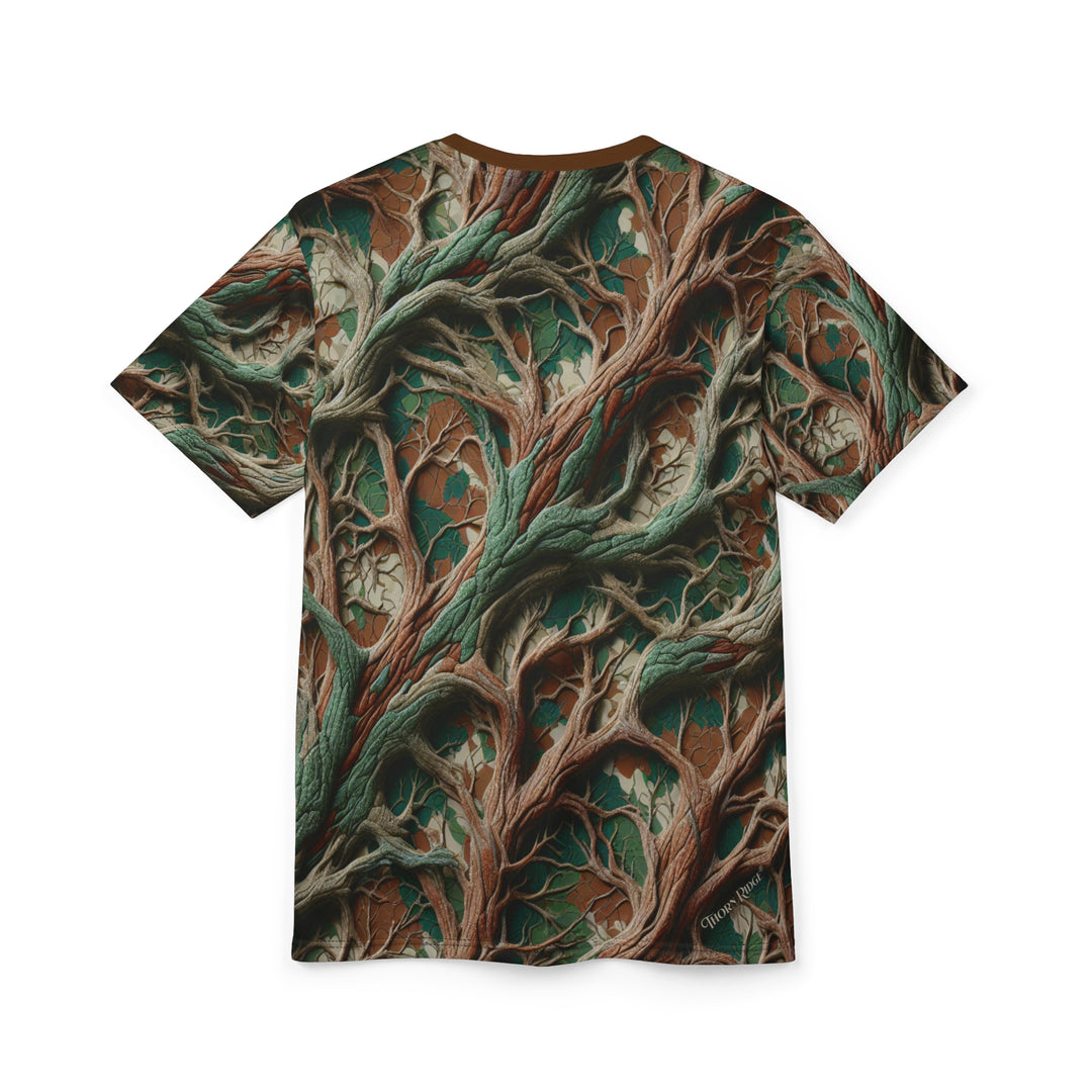 camo inspired colored T-shirt with intricate root pattern labeled Thorn Ridge®