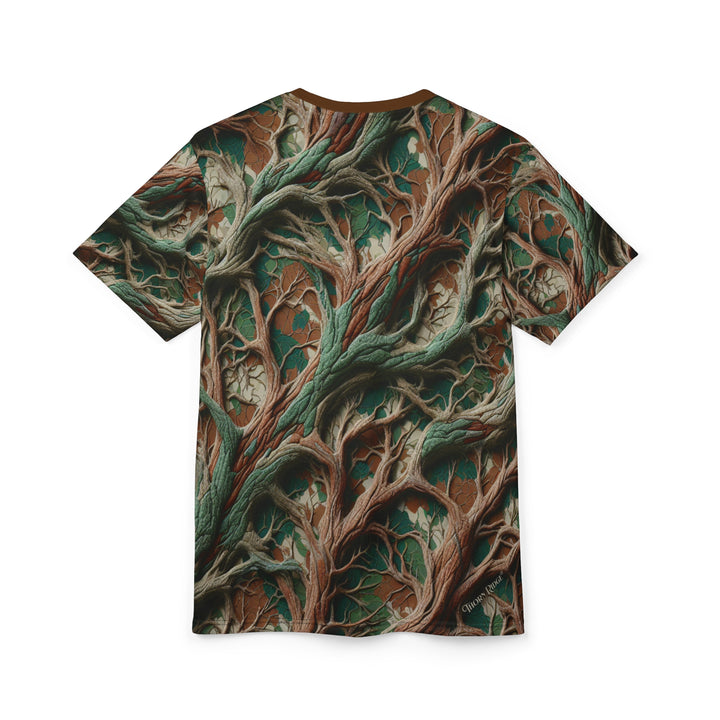 camo inspired colored T-shirt with intricate root pattern labeled Thorn Ridge®