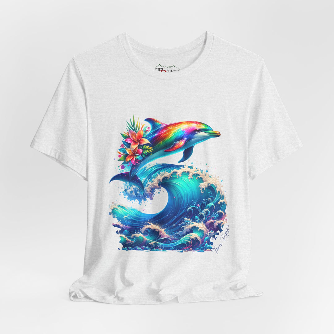 t-shirt with a colorful dolphin and wave design branded Thorn Ridge®