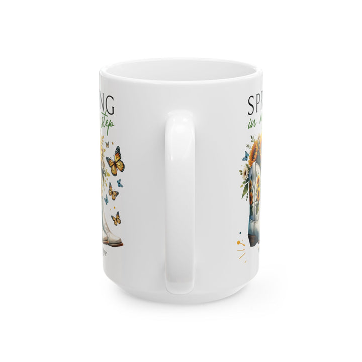 White mug with floral design and 'Spring in my step' by Thorn Ridge®