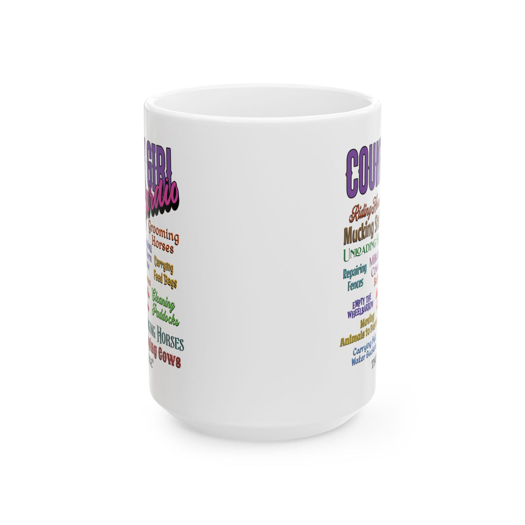 Country Girl Cardio mug with colorful text listing country girl chores on a white background by Thorn Ridge®