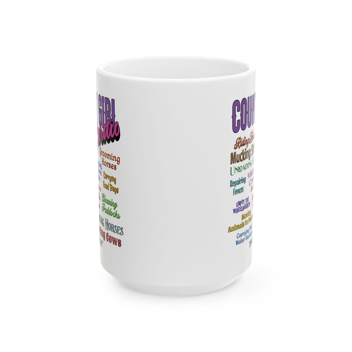 Country Girl Cardio mug with colorful text listing country girl chores on a white background by Thorn Ridge®