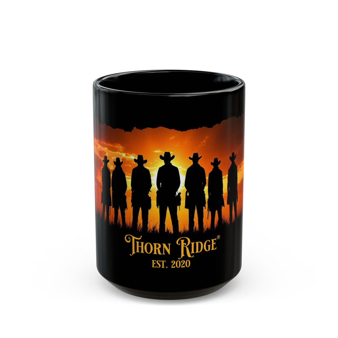Seven Riders Black mug with silhouette of oeople in cowboy hats and 'Thorn Ridge' branding against a sunset background.