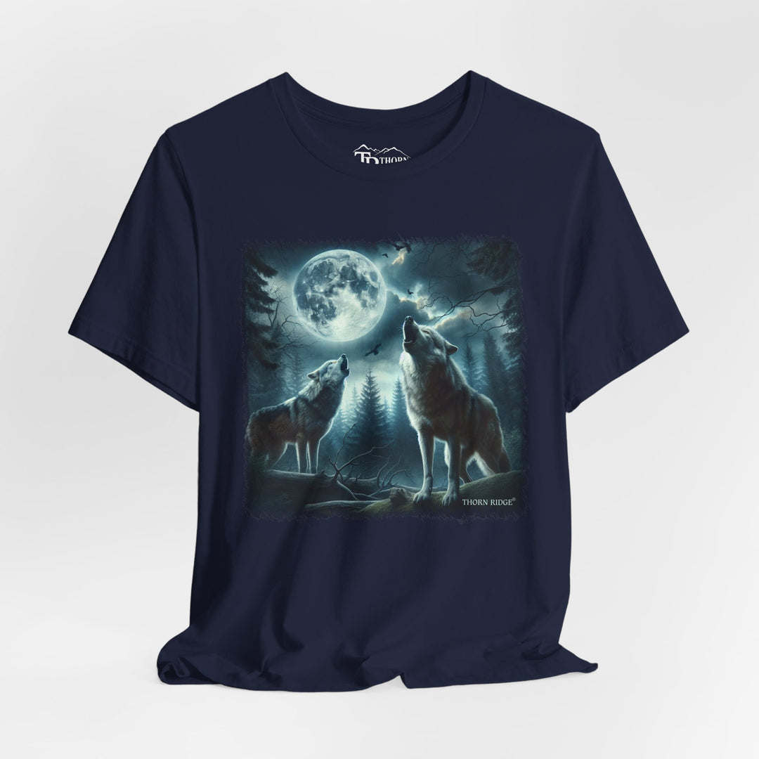 t-shirt with a graphic of two wolves howling at a moonlit sky branded Thorn Ridge®