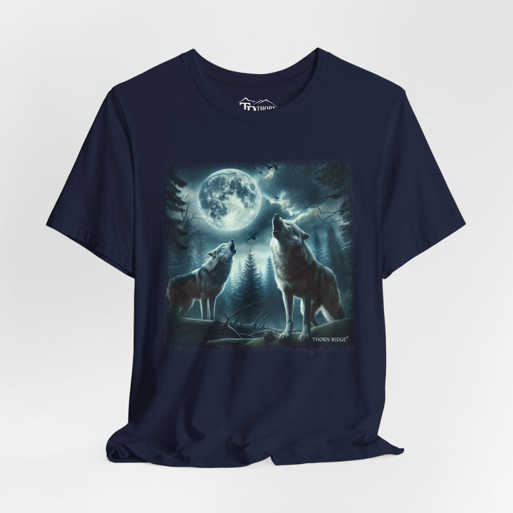 t-shirt with a graphic of two wolves howling at a moonlit sky branded Thorn Ridge®