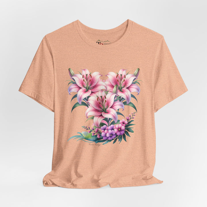 t-shirt with pink floral design of three lillies branded to Thorn Ridge®