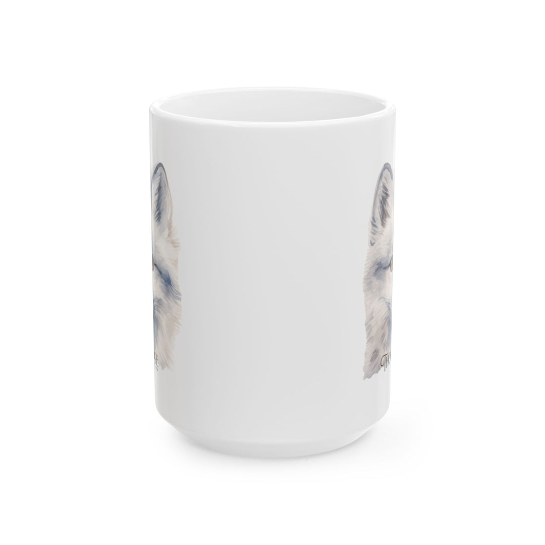 White mug with a graphic of a artic fox head and 'Thorn Ridge' text on a white background