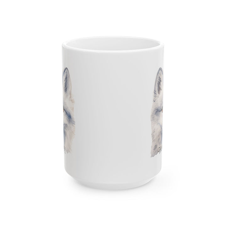 White mug with a graphic of a artic fox head and 'Thorn Ridge' text on a white background
