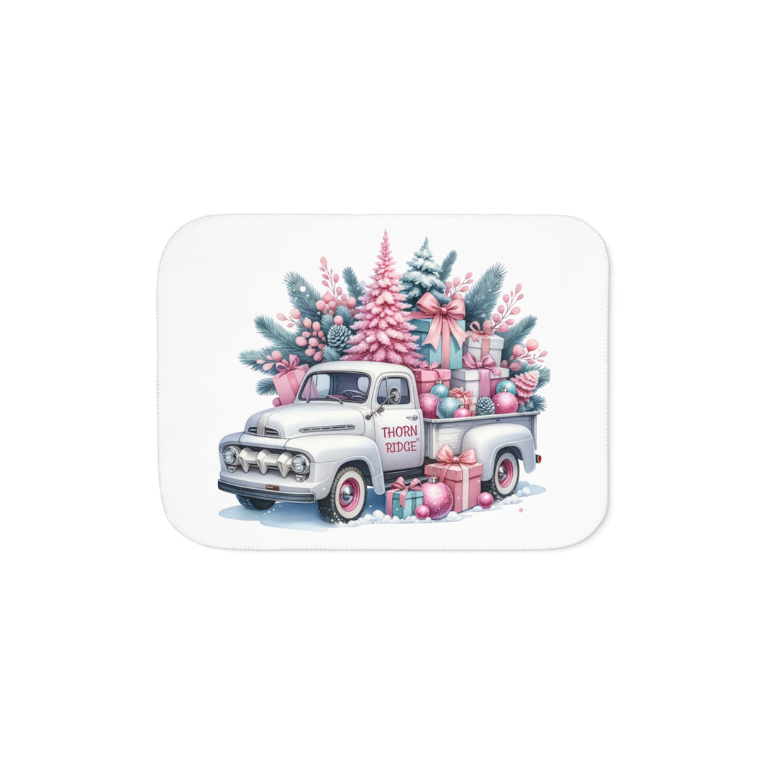 Vintage truck decorated with Christmas trees and presents on a white background with Thorn Ridge® branding on the door.