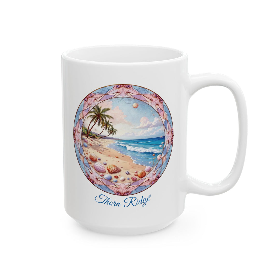 White mug with a beach scene design and 'Thorn Ridge' branding on a white background
