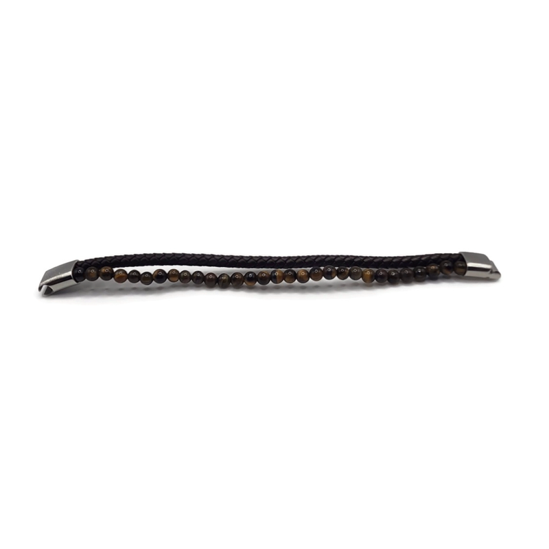 double bracelet with a row of braided black leather and a row of 8mm tiger eye beads joined by a silver slip clasp.