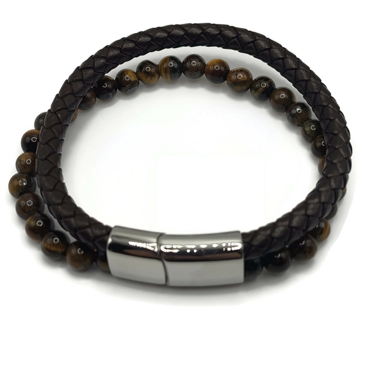 double bracelet with a row of braided black leather and a row of 8mm tiger eye beads joined by a silver slip clasp.