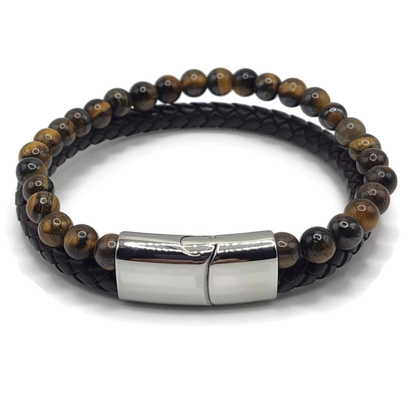 double bracelet with a row of braided black leather and a row of 8mm tiger eye beads joined by a silver slip clasp.