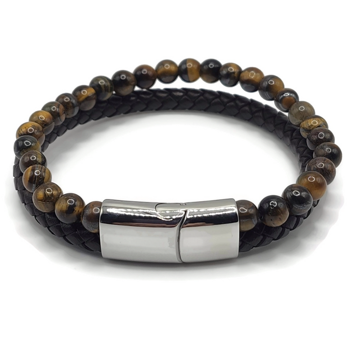 double bracelet with a row of braided black leather and a row of 8mm tiger eye beads joined by a silver slip clasp.