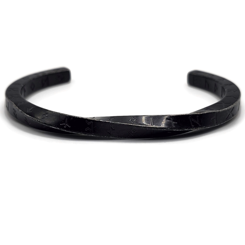 Black rune twist bracelet with engraved rune symbols. Stainless steel.