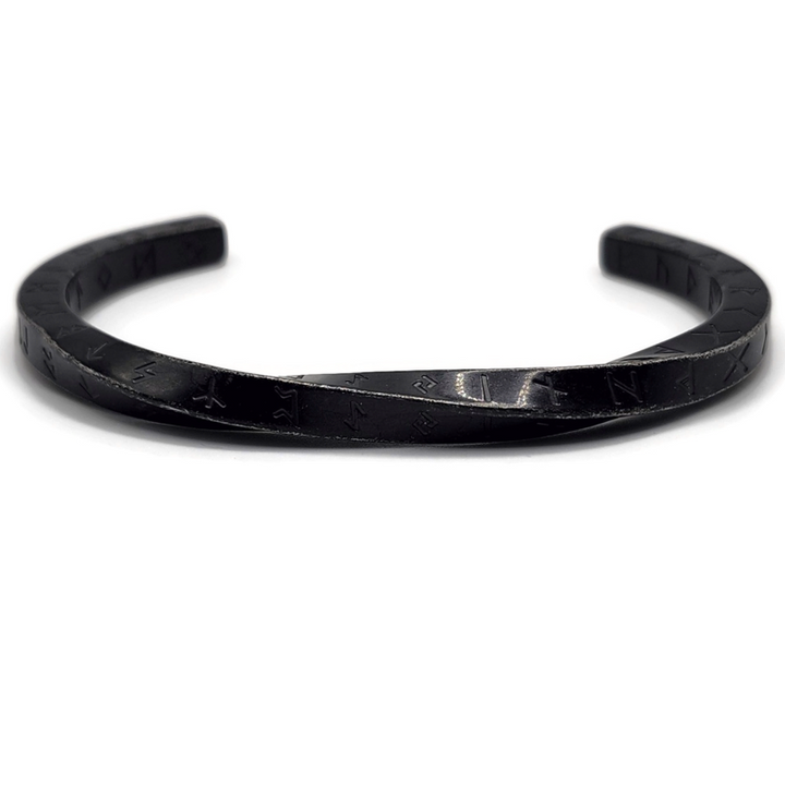Black rune twist bracelet with engraved rune symbols. Stainless steel.