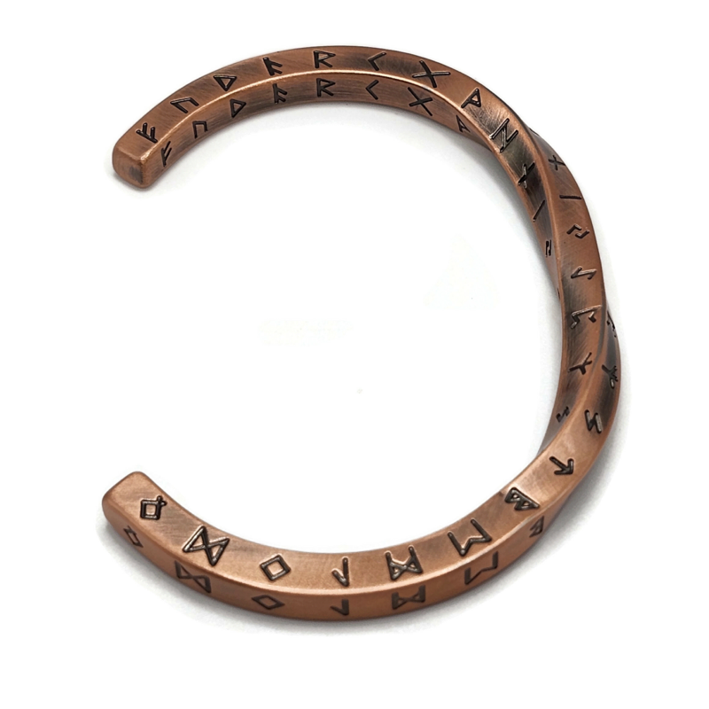 Copper rune twist bracelet with engraved rune symbols. Stainless steel.