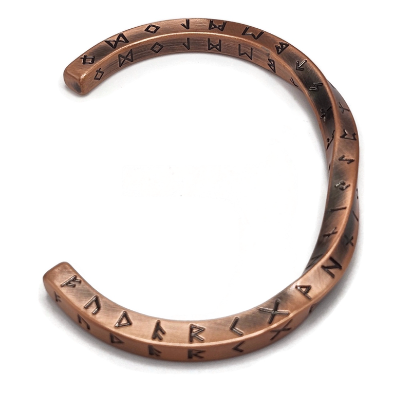 Copper rune twist bracelet with engraved rune symbols. Stainless steel.