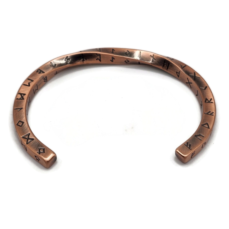 Copper rune twist bracelet with engraved rune symbols. Stainless steel.