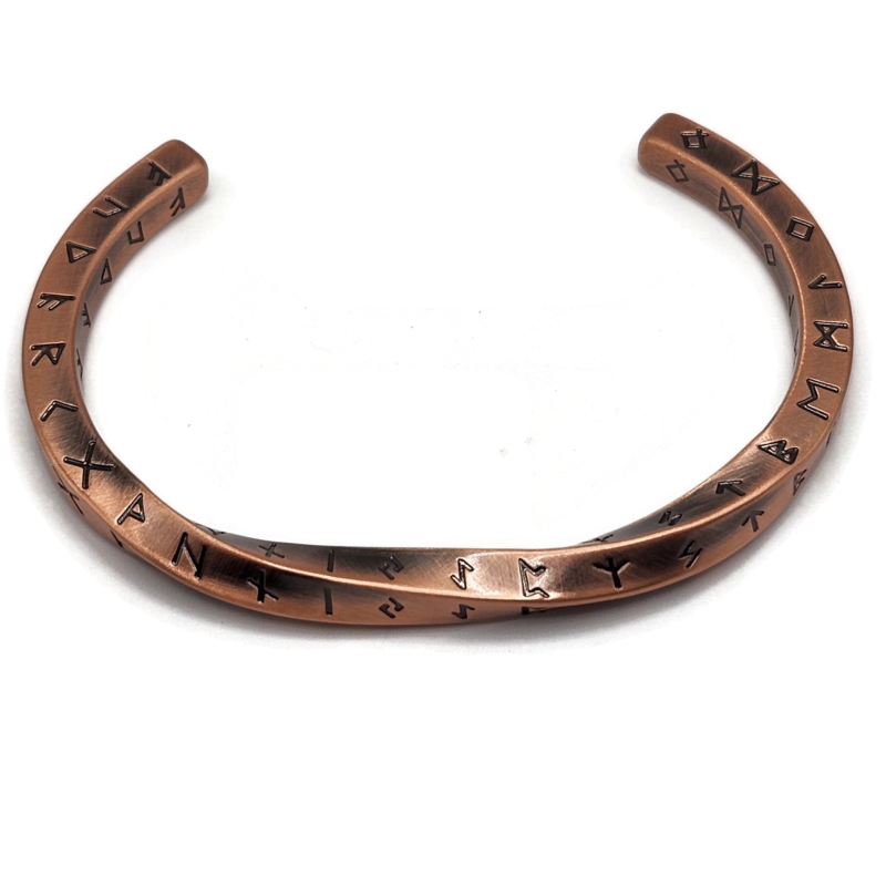 Copper rune twist bracelet with engraved rune symbols. Stainless steel.