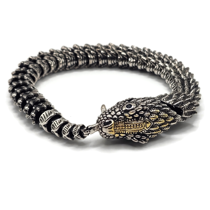 Dragon snake style metal alloy bracelet in silver and gold.