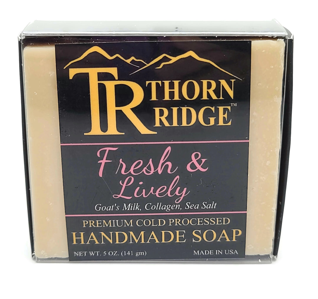 Packaging of Thorn Ridge soap labeled "Fresh and Lively," described as goat's milk, collagen, sea salt, premium cold processed, handmade, 5 oz. Made in USA